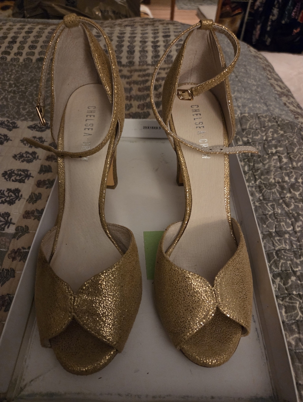 🎉 2 For $30 Prom  Chelsea Crew Gold Glitter Open-Toe Ankle-Strap 3 inch Heels